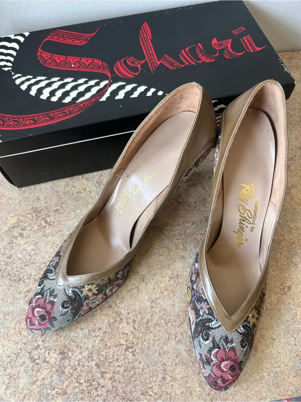 Vintage Floral Tapestry/Leather Heels customized for Ray Ehinger size 9